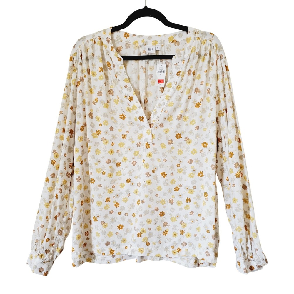 NWT GAP Womens XL Floral Print Long Sleeve VNeck Peasant‎ Top White Yellow